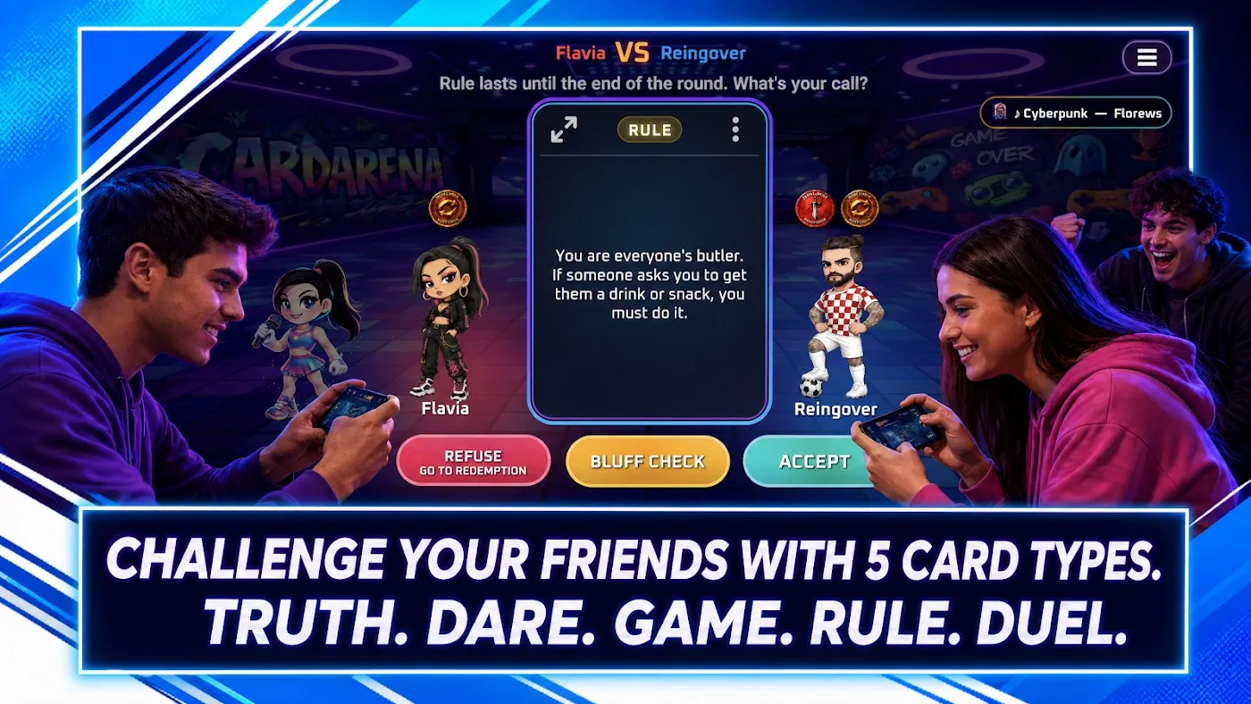 Challenge your friends with 5 card types: Truth, Dare, Game, Rule, Duel